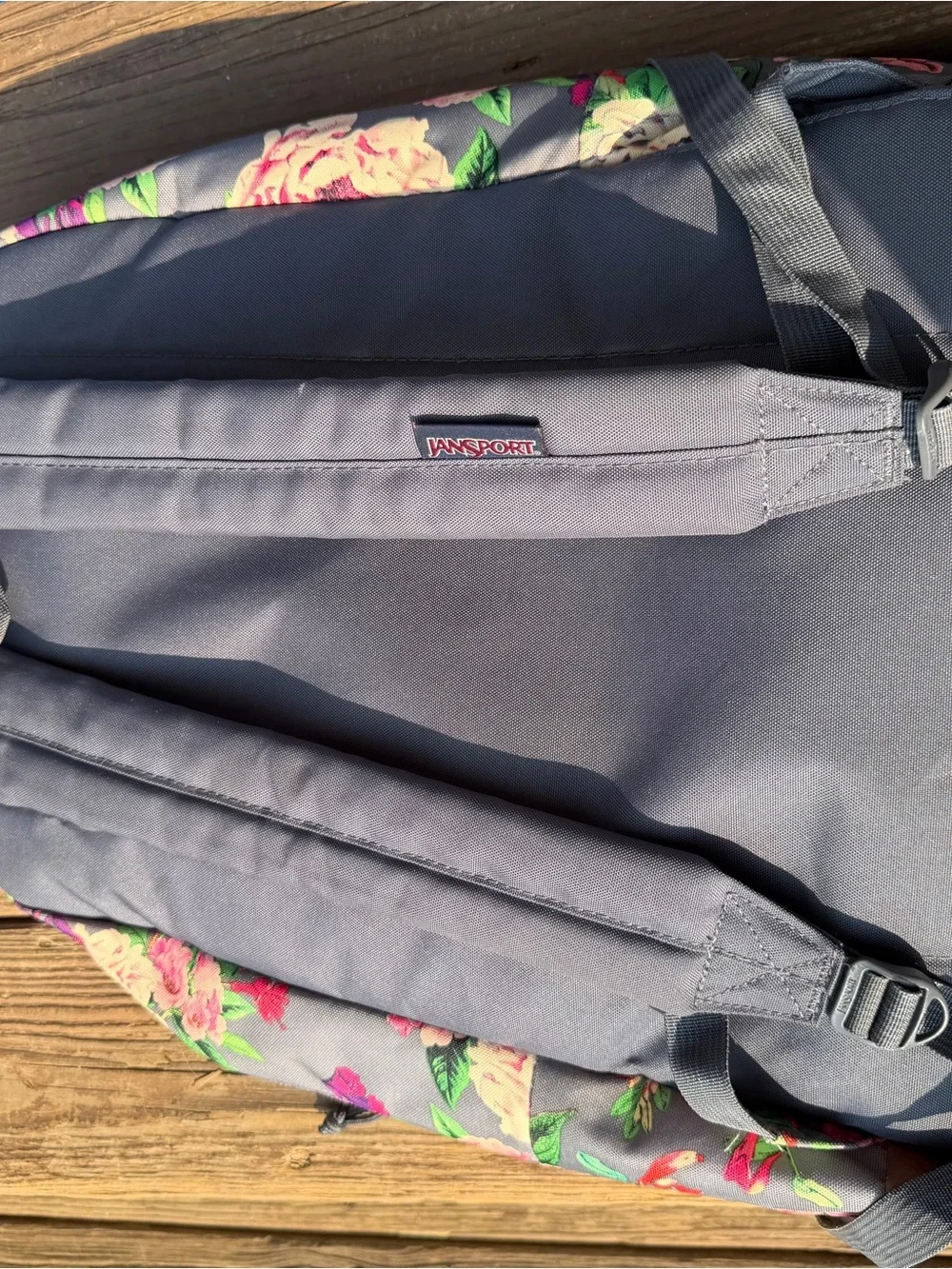 JanSport City View Floral Backpack Gray Pink Roses Faux Leather Bottom Bag